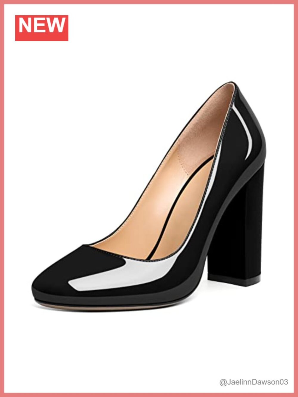 Women's Round Toe Block Heel Pumps Chunky Patent Leather High Heels Slip On
